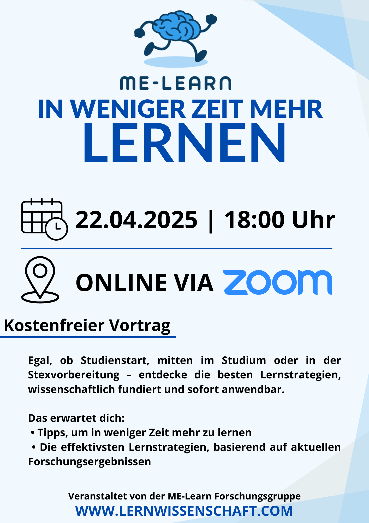 ME-LEARN Vortrag: „Wissenschaftsbasiertes Lernen: In weniger Zeit mehr lernen“ 🧠 @ Via Zoom